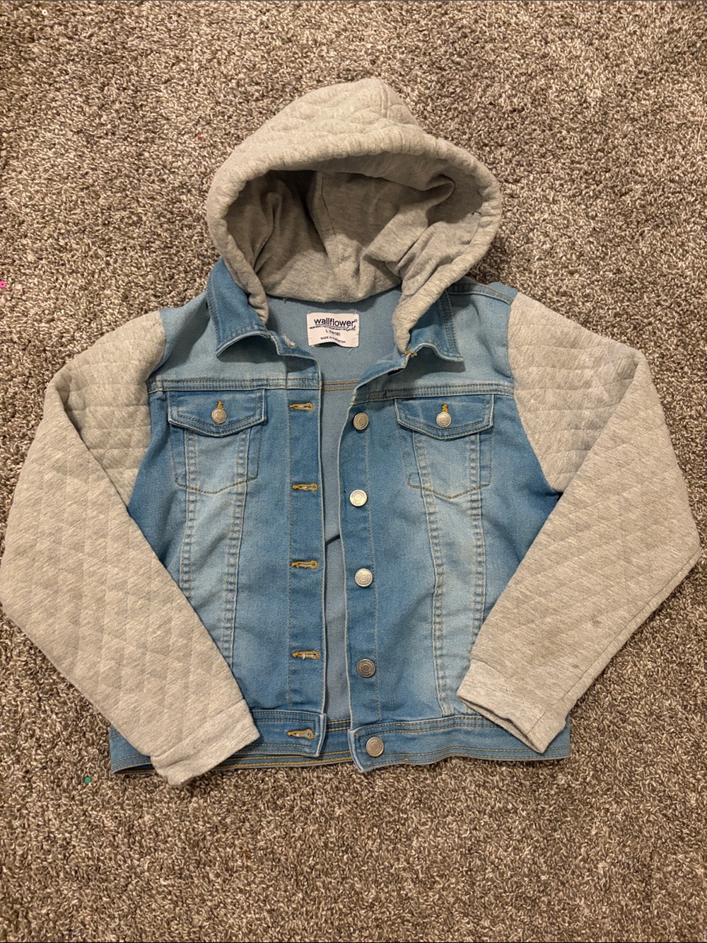 Wallflower Light Blue Denim Jacket with Gray Quilted Hood & Sleeves